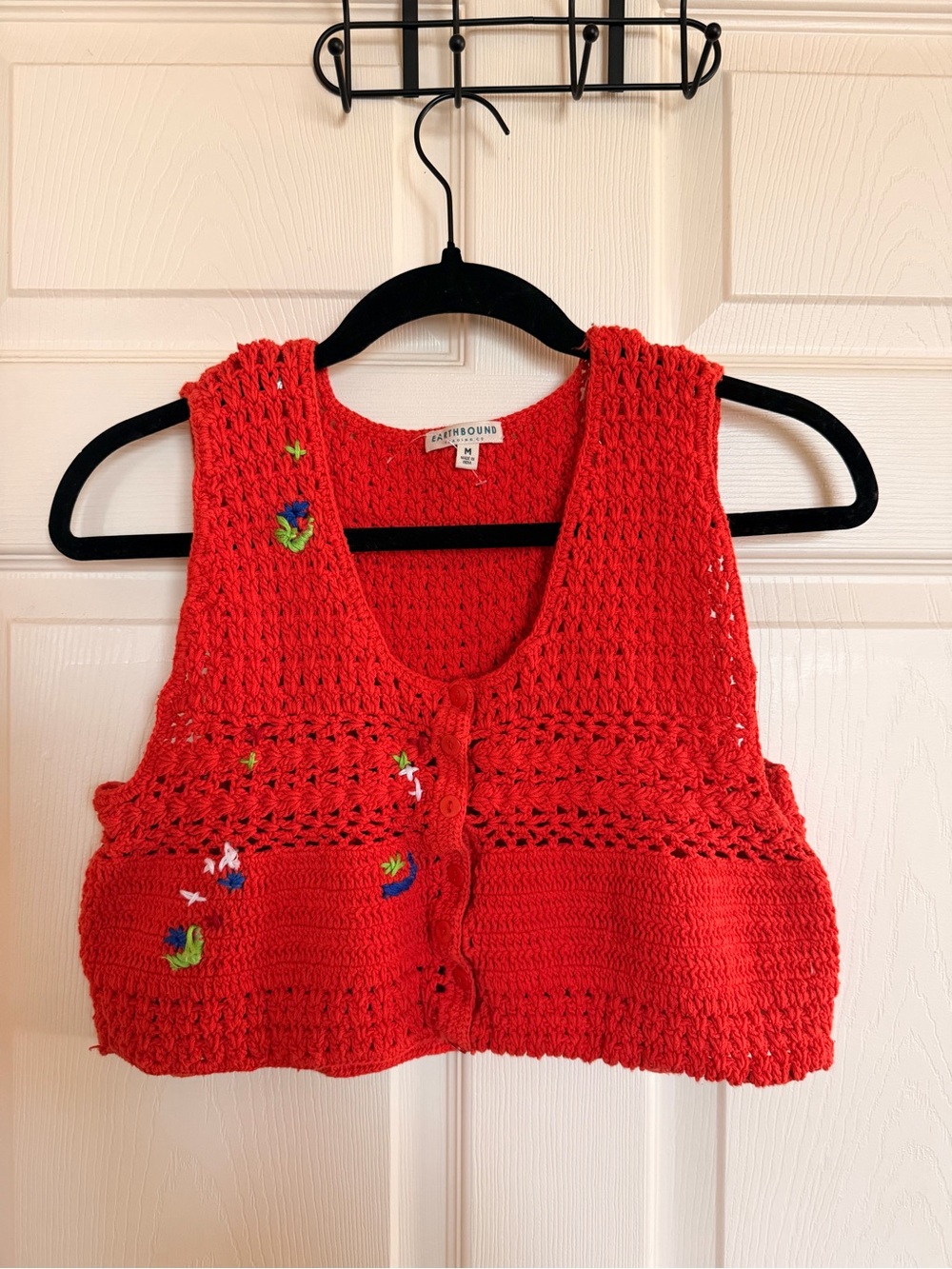 Earthbound Red Crochet Embroidered Crop Vest – Size Medium